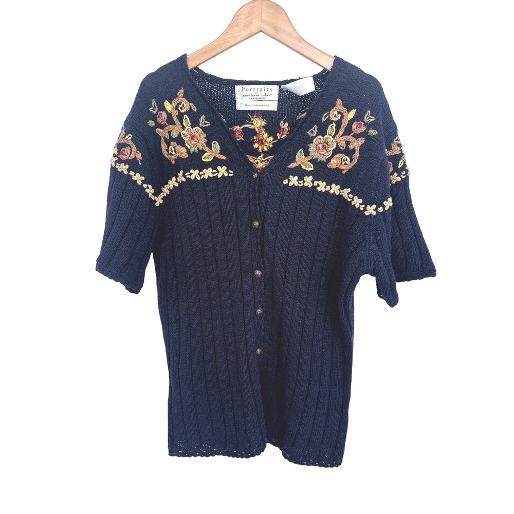 Vintage Northern Isles Cardigan Sweater Women L Navy Floral Hand Embroidered 90s